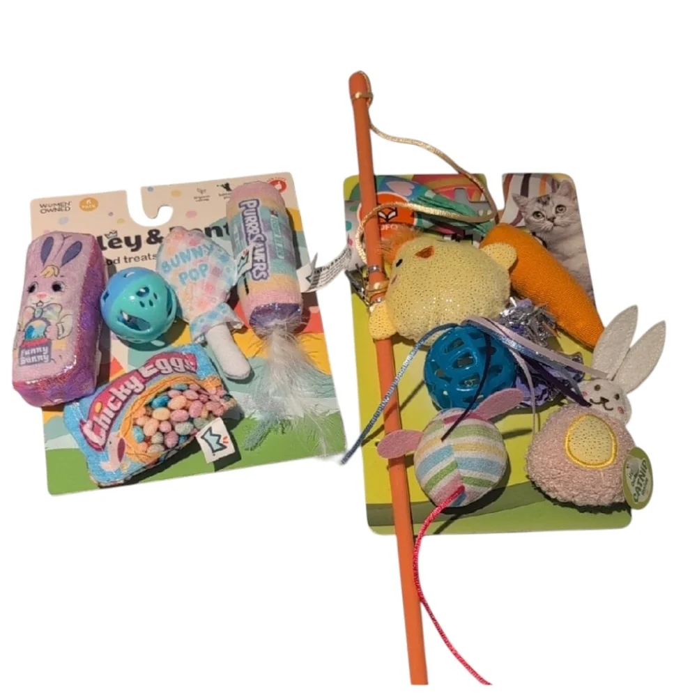 Assortment of Easter Cat Toys Teaser Wand & Catnip Felt Toys